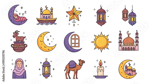 Vibrant illustrations of symbols and motifs representing islamic culture and traditions Vector