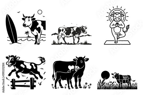 Playful cow emblem set with beach pasture and wellness themes