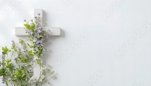 A simple vase of delicate flowers on a floating shelf against a wall