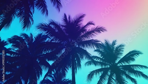 A pixelated tropical sunset with silhouettes of palm trees and buildings