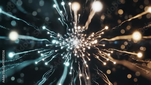 Abstract digital data transmission concept showing glowing light particles moving through a network at high speed.