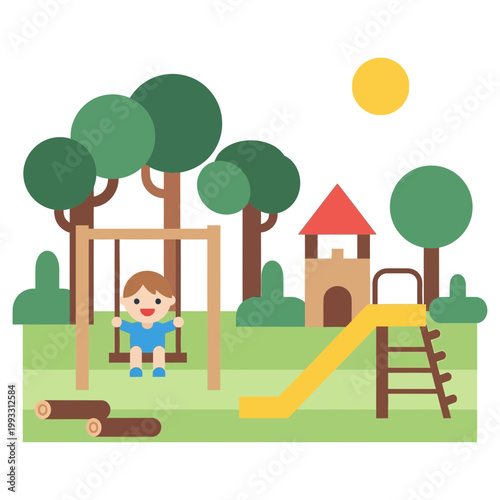 Little boy playing on swing set.