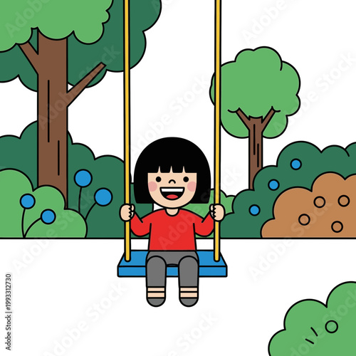 Smiling Child on a Swing Set.