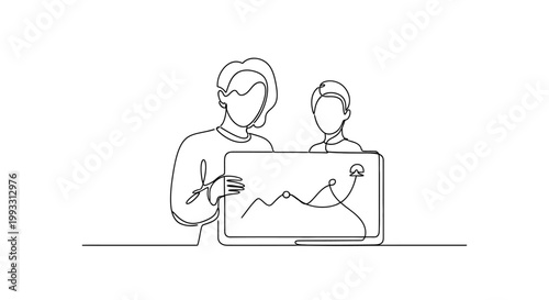 Adult and child analyzing graph on laptop, teamwork, education, learning, business growth concept