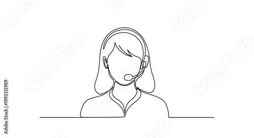 Customer service operator with headset, continuous line drawing, minimalist illustration