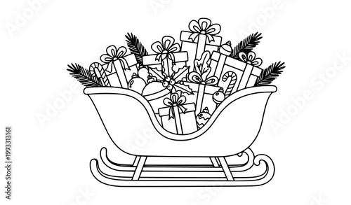 Hand Drawn Kawaii Winter Sleigh with Christmas Gifts Cute Holiday Line Art Vector