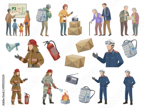 防災と避難のイラストセット 地震対策 非常持ち出し袋 避難訓練 ポリゴンアート 白背景