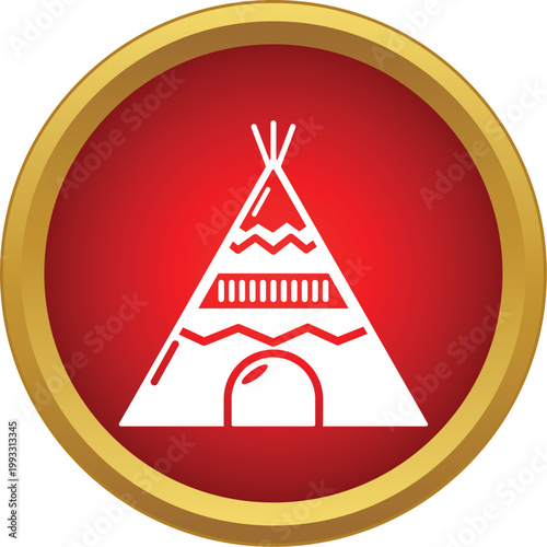 White teepee icon on a red circle with gold border representing indigenous culture