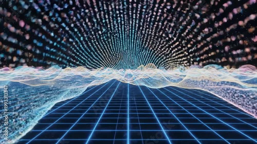 Abstract digital data visualization with blue grid and glowing particle waves representing big data and technology.