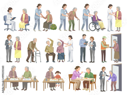 介護・福祉・医療の人物イラストセット　車椅子・ストレッチ・食事介助・レックリエーション・診察等のポーズ