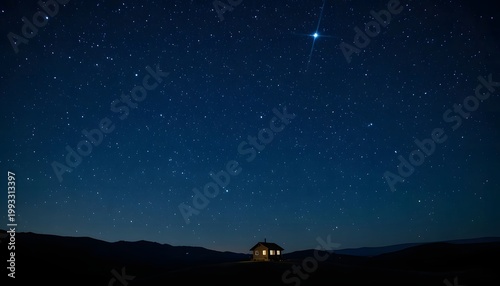 A lone house under the vast and starry night sky