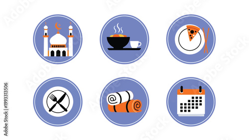 Icons representing various cultural and daily activity symbols during a specific period Vector