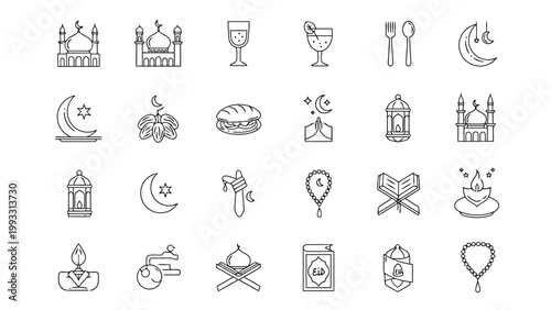 Collection of islamic and religious symbols and motifs depicted in minimalist line art Vector