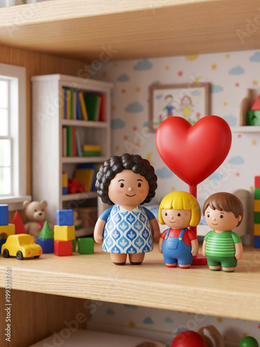 Toy figurines of family together on shelf