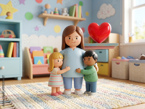 Stylized figures embracing mother with heart backdrop