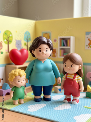 Family toy figures on a playroom mat