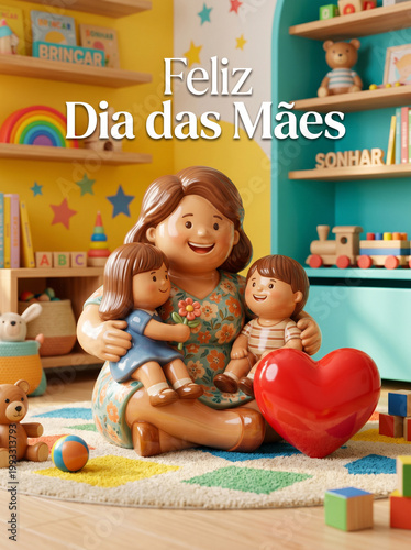 Happy mother concept featuring dolls with red heart