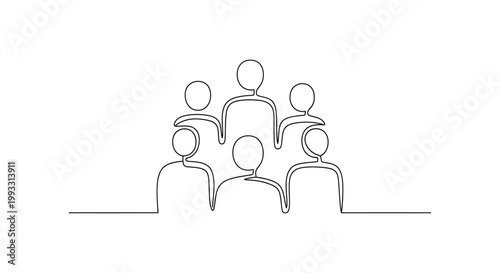 Minimalist single line drawing of a diverse group of people standing together, teamwork concept