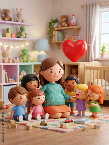 Stylized cartoon mother and children in playroom