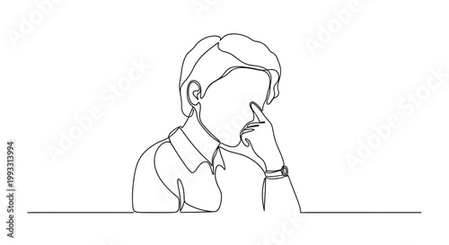 Thoughtful man, one line drawing, pensive expression, touching nose, minimalist art, contemplation