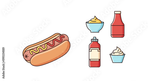 Schilderij op canvas Hot dog with condiments and toppings.