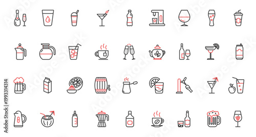 Drinks trendy red black thin line icons set vector illustration. Restaurant bar menu collection with mineral water, alcohol cocktails, fruit vitamin juice, hot coffee and tea, champagne and beer glass