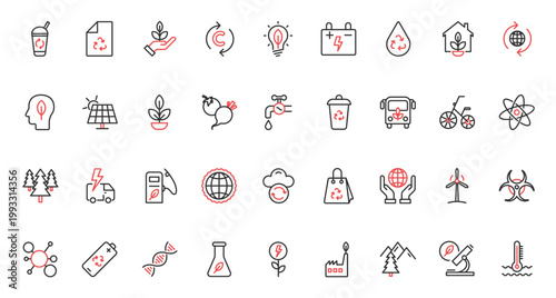 Ecology, green recycle technology, environment trendy red black thin line icons set vector illustration. Eco house, tourism, electric car and bio fuel, climate change, eco consumption, care of nature