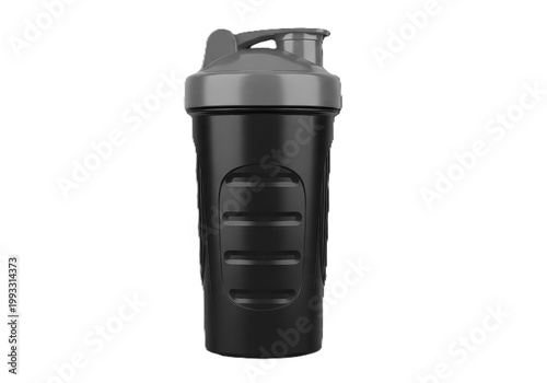 Black shaker bottle with ribbed texture and flip-top lid for fitness drinks