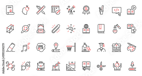 School and university technology stationery student to study, knowledge from books, encyclopedia ebook, science sport symbols. Education trendy red black thin line icons set vector illustration.