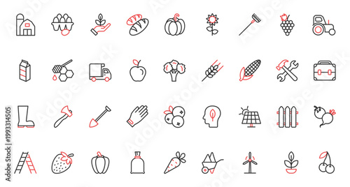 Farm agriculture red black thin line icons set vector illustration. Farmers tractor truck, eco village windmill and solar panel, farmhouse agrarian equipment, machines for agronomy, organic harvest.