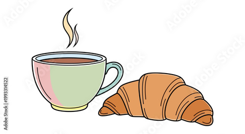 Canvas-taulu Croissant and Coffee Cup Illustration.