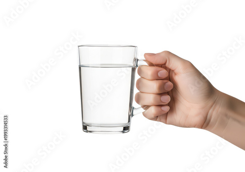 A hand holding a glass of water with ice cubes