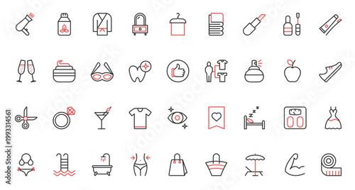 Fashion and beauty, cosmetics red black thin line icons set vector illustration. Nail polish, spa salon, barbershop for health, hair and skin care, trying on clothes and teeth whitening, healthy food.