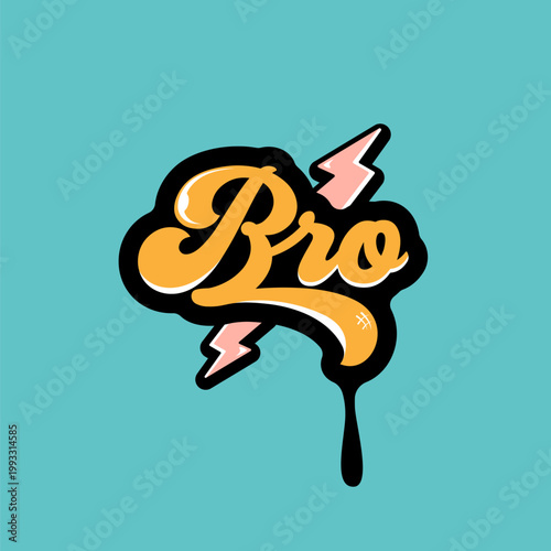 Bro retro lettering sticker illustration. Groovy orange Bro typography with pink lightning bolts and black liquid drip on teal background. Modern graphic for apparel print and youth culture.