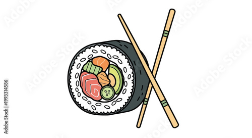 Sushi roll with chopsticks food.