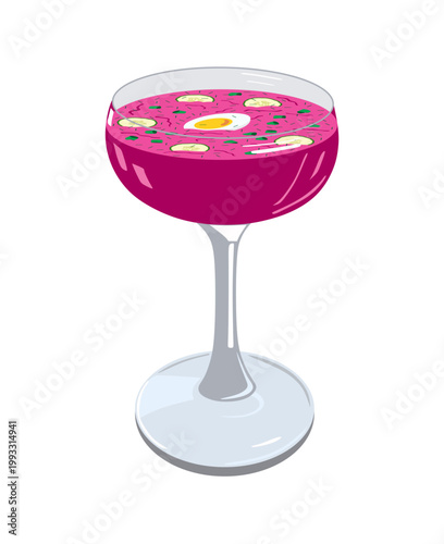 A charming and vibrant illustration of a pink soup served in a glass isolated on white background.