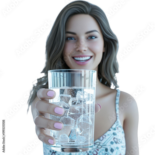 Woman smiling while holding a glass of water and a smartphone