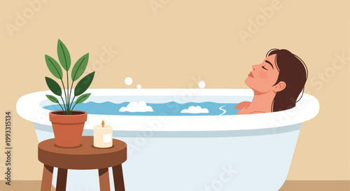 Woman relaxing in a bathtub, enjoying a peaceful bath.