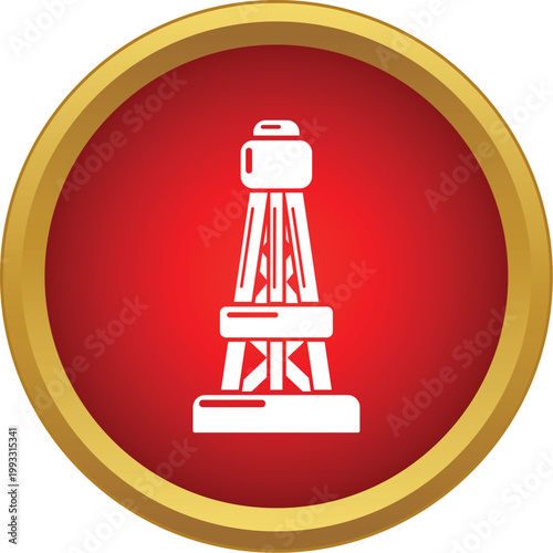 White oil rig derrick icon representing petroleum exploration on a red and gold circle