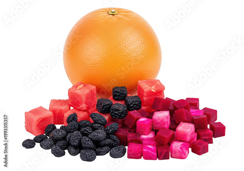 Freshly sliced blood orange surrounded by blackberries and raspberries