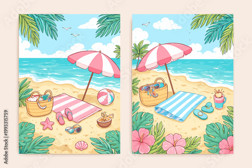 Hand Drawn Summer Beach Club Poster Set with Tropical Vacation Elements, Pink and Blue Striped Umbrellas, Towels, Flip Flops, Starfish, Seashells, Palm Leaves, and Hibiscus Flowers on Sandy Shore
