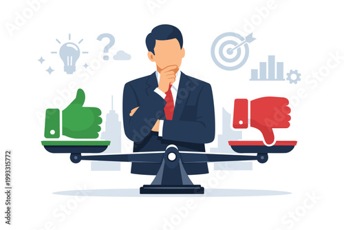 Professional businessman weighing positive and negative feedback on a balance scale with green thumbs up and red thumbs down icons, evaluating business decisions, customer reviews, and options.
