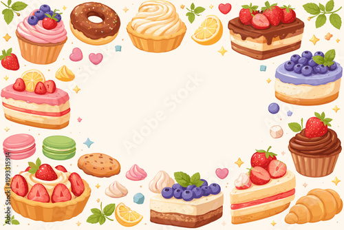 Handmade Desserts Banner with Pastry, Cupcakes, Cakes, Donuts, Macarons, Cookies, and Fresh Berries. Simple Flat Vector Illustration for Bakery Menu, Cafe Background, or Sweet Food Promotion Frame