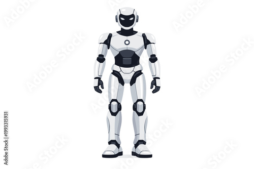 Humanoid Robot Standing on White Background, Futuristic Sleek White and Black Cyborg Design with Glowing Blue Eyes and Chest Light, Advanced Artificial Intelligence and Digital Future Concept