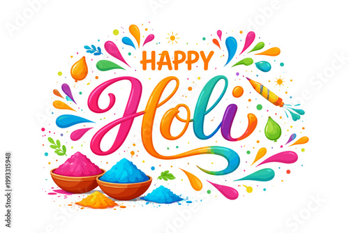 Happy Holi Festival of Colors Vector Illustration with Vibrant Rainbow Typography, Bowls of Gulal Powder, Water Balloons, and Splash Elements. Festive Greeting Card Design for Indian Spring Holiday.