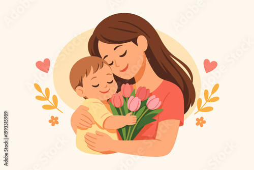 Heartwarming vector illustration of a mother hugging her baby while holding a bouquet of pink tulips, representing maternal love, family bonding, and a happy Mother's Day celebration.