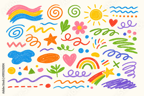 Vibrant Hand-Drawn Crayon Doodle Set with Colorful Squiggles, Swirls, Hearts, Stars, Rainbows, and Organic Shapes, Textured Oil Pastel Sketch Elements for Creative Design Projects and Kids Art.