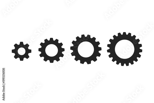 Set of four black gear icons with varying sizes and tooth counts, industrial mechanical cogwheel symbols in linear sequence, vector illustration for engineering, technology, and machinery design.