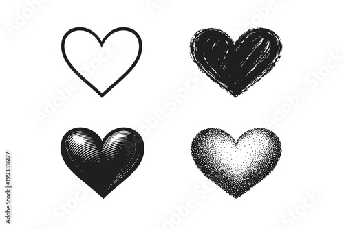 Vector set of four black heart icons in diverse artistic styles: minimalist outline, expressive hand-drawn brush stroke, vintage woodcut engraving, and detailed stippled dotwork for romantic design.