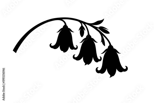 Black silhouette of a drooping bellflower cluster on a curved stem with elegant curled petals. Minimalist flat design vector illustration of Campanula blossoms isolated on white for floral graphics.